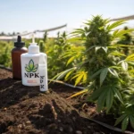 Hyper-realistic outdoor cannabis plant beside NPK fertilizer bottles on rich soil, with blurred farm background.
