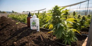 Hyper-realistic outdoor cannabis plant beside NPK fertilizer bottles on rich soil, with blurred farm background.