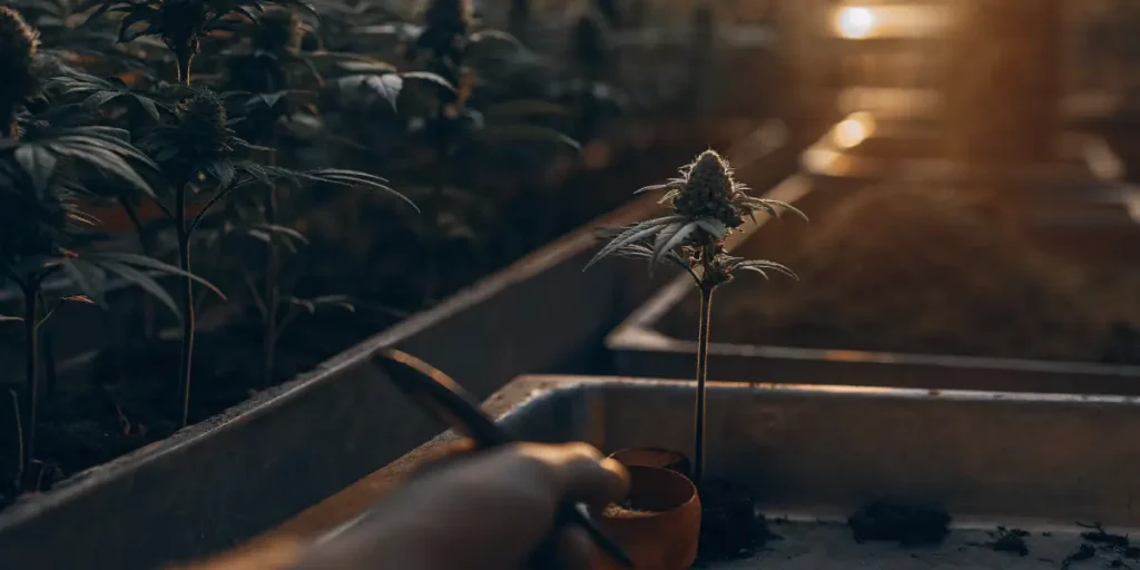 Hyper-realistic digital artwork of a hand using a tool to tend to a small cannabis plant in a grow tray, with other plants blurred in the background, all bathed in warm light.