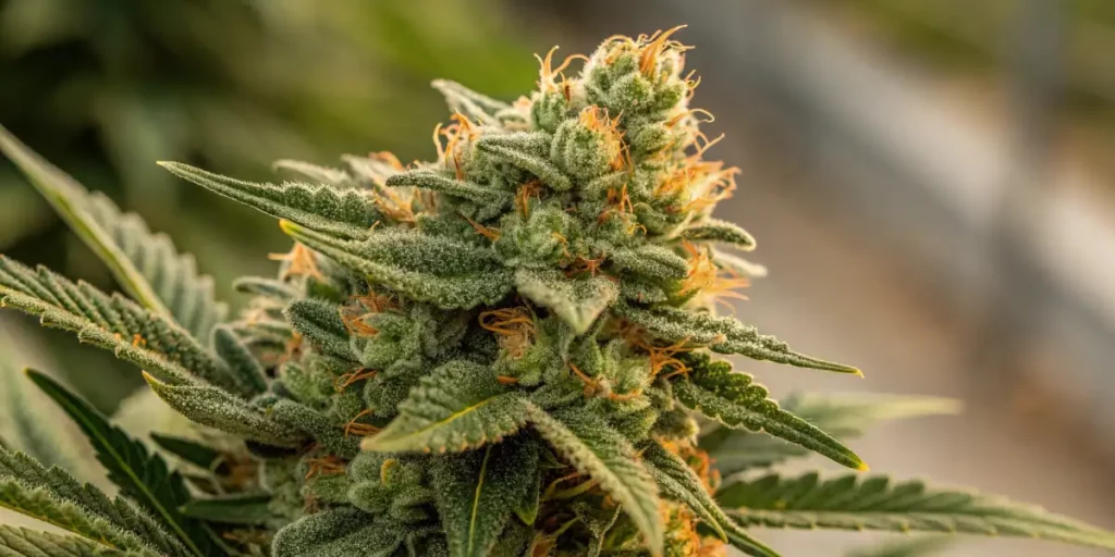Close-up of a cannabis plant with dense buds covered in trichomes, orange pistils, and green leaves.
