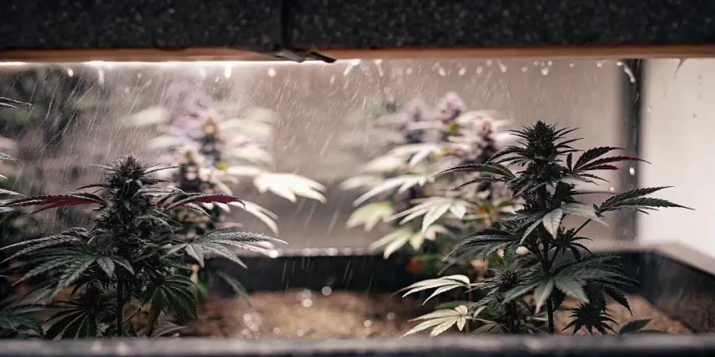 Cannabis plants in a greenhouse being watered by a sprinkler system, with leaves and buds in focus.