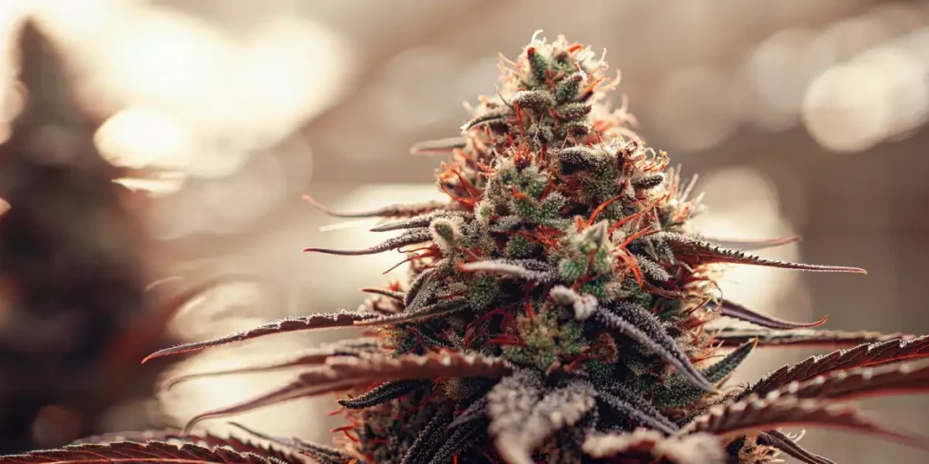 Close-up of a cannabis flower showing frosty buds and green leaves with orange pistils.
