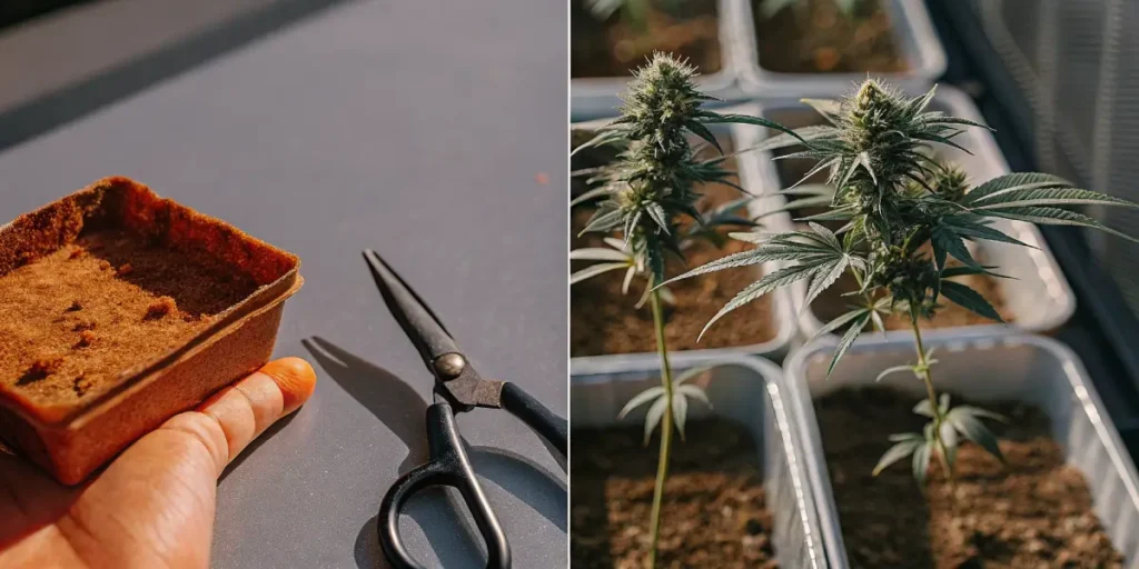 Split digital artwork: hand holding a biodegradable pot with coco coir (left), and two cannabis plants with buds in grow trays (right).