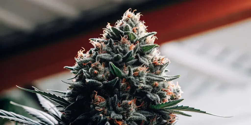 Close-up of a dense cannabis bud covered in crystalized trichomes and vibrant orange pistils.