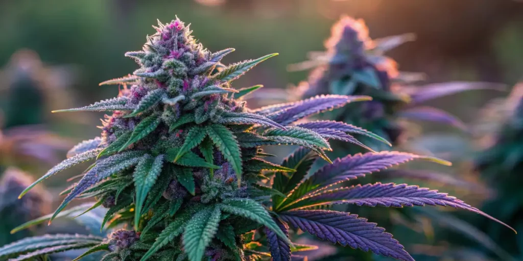 Frosty purple cannabis buds with vibrant orange hairs and crystalline trichomes, glowing under sunlight.