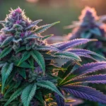 Frosty purple cannabis buds with vibrant orange hairs and crystalline trichomes, glowing under sunlight.