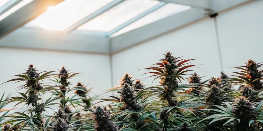 Lush cannabis plants with mature buds and colorful leaves, thriving in a sunlit greenhouse.