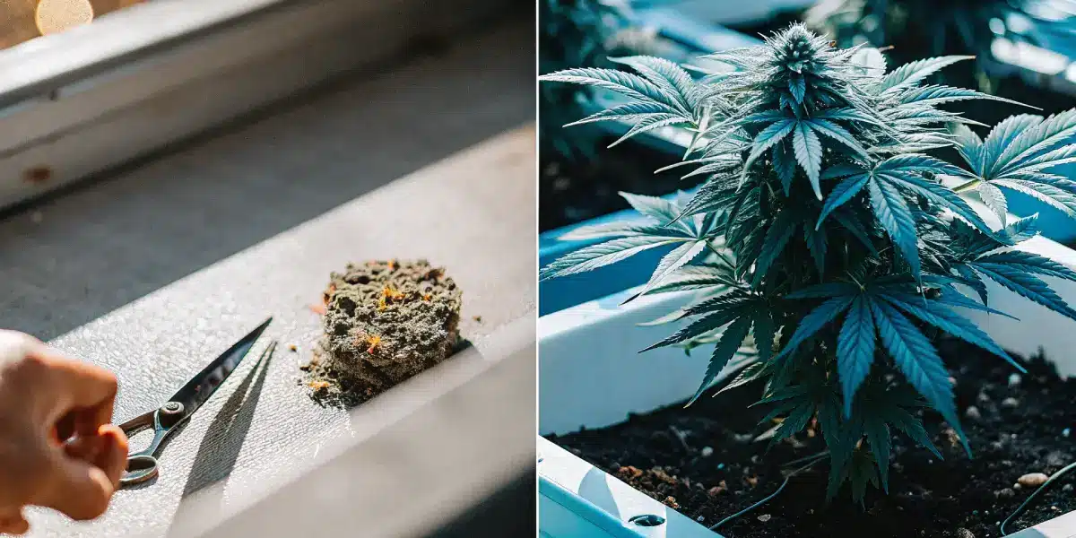 Split digital artwork: harvested cannabis bud with scissors (left), and a dark-toned cannabis plant in a white planter (right).