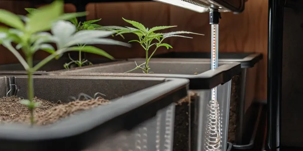 Cannabis seedlings growing under LED lights in hydroponic containers.