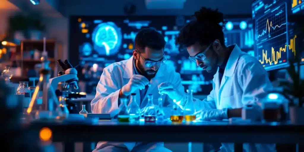 Researchers in a lab analyzing cannabis samples to determine if weed acts as a stimulant.