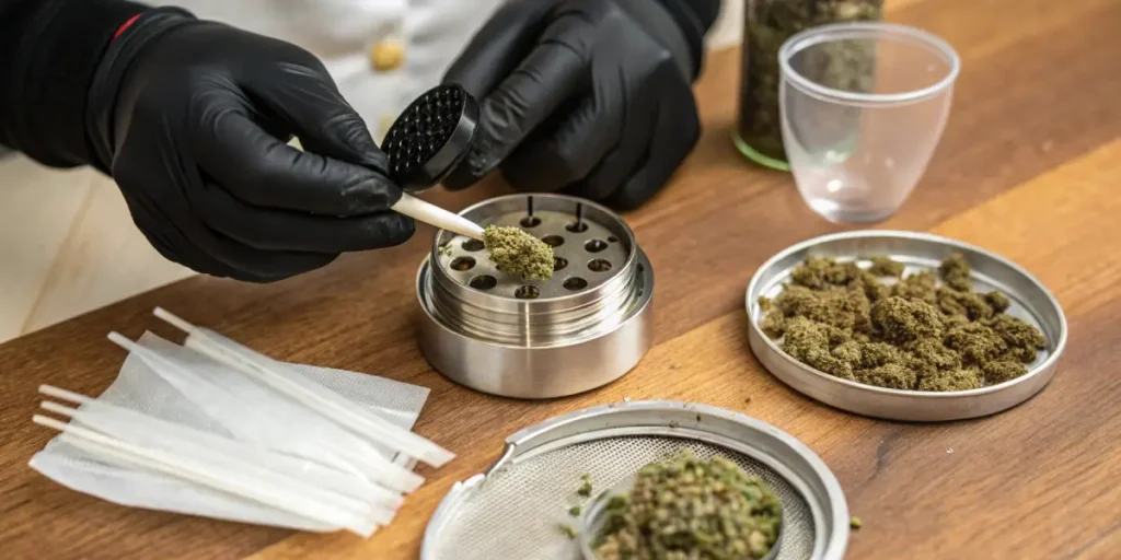 Gloved hands loading cannabis material into a metal grinder on a wooden surface with papers.