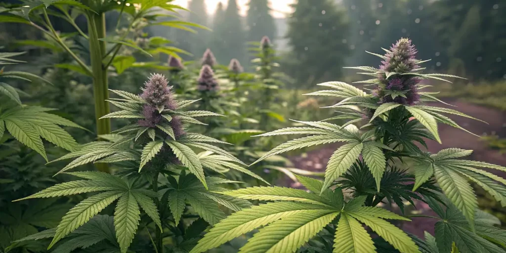 Lush cannabis buds surrounded by vibrant green leaves under morning sunlight.