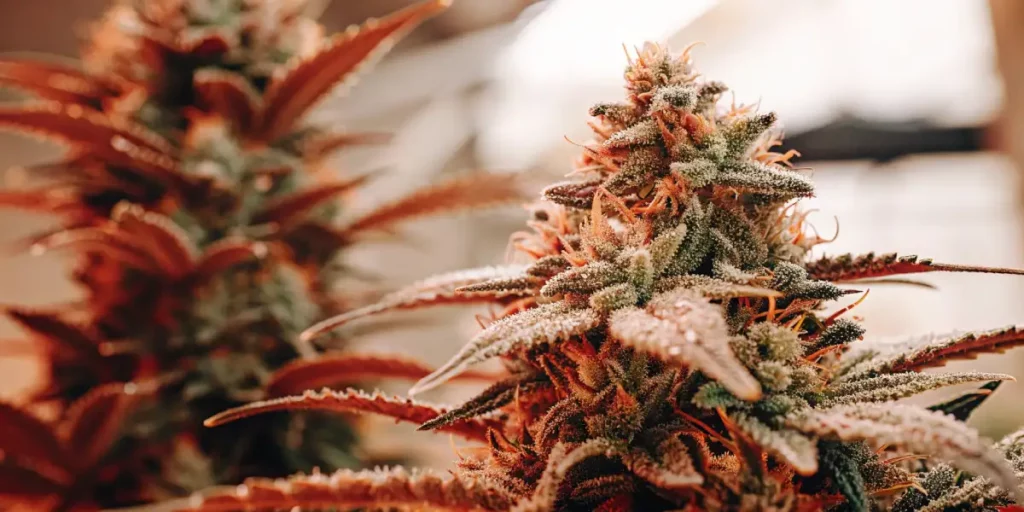 Frosty orange cannabis buds with vibrant green leaves and trichomes under soft lighting.