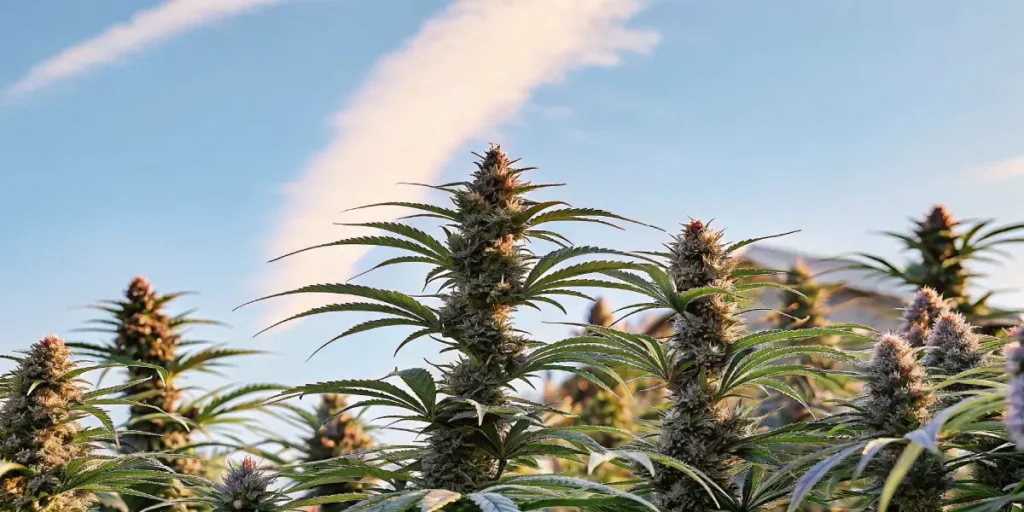 Close-up of mature cannabis plants with dense buds against a blue sky with a wispy cloud.