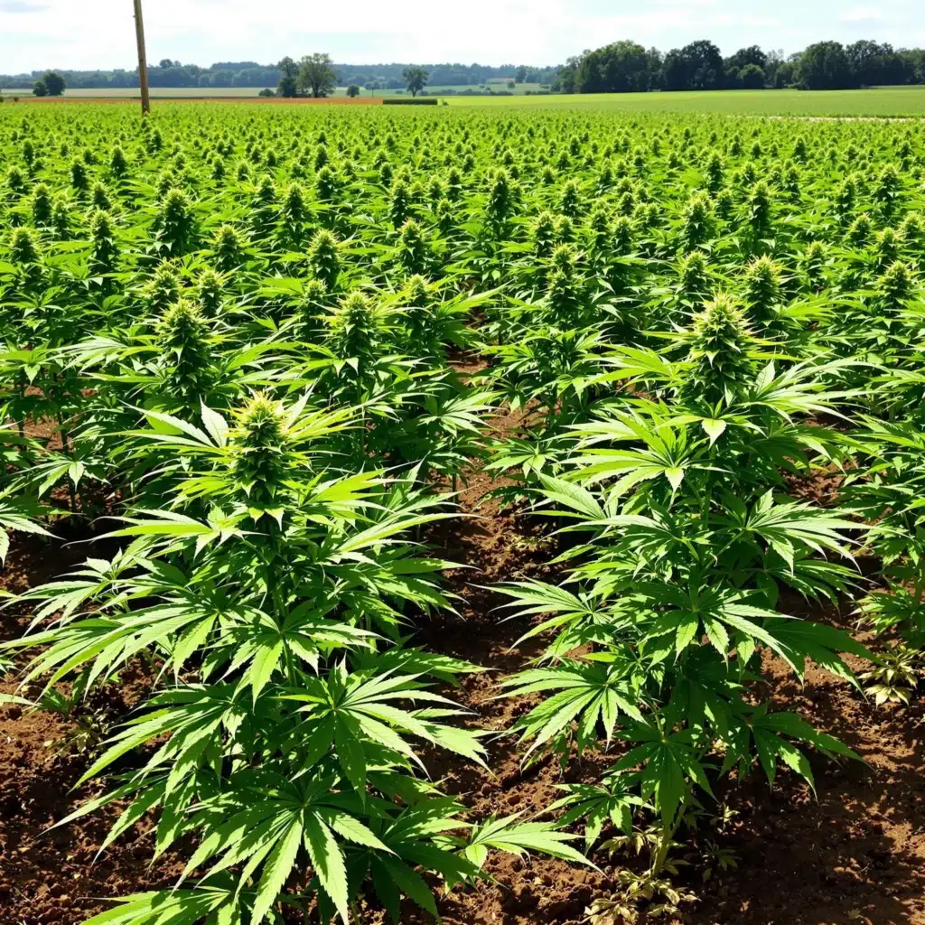 Outdoor cannabis seeds growing in a healthy, sunlit garden.
