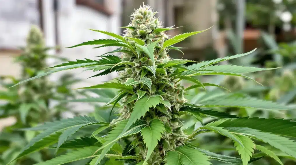 Thriving plant from outdoor cannabis seeds with healthy buds.