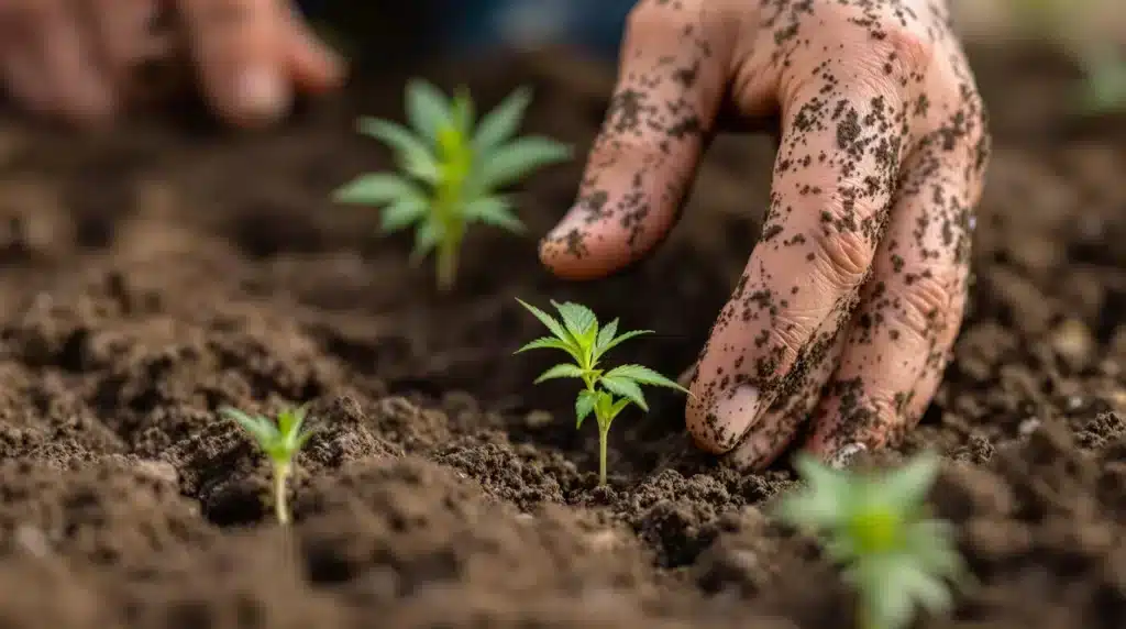 Planting outdoor cannabis seeds in fertile soil for strong growth.