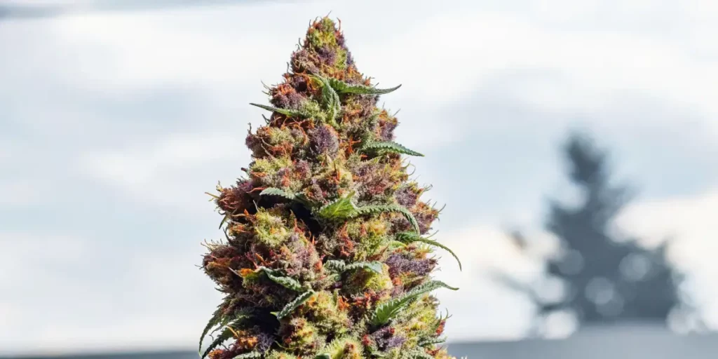 Close-up of a purple cannabis bud covered with frosty trichomes in natural sunlight.