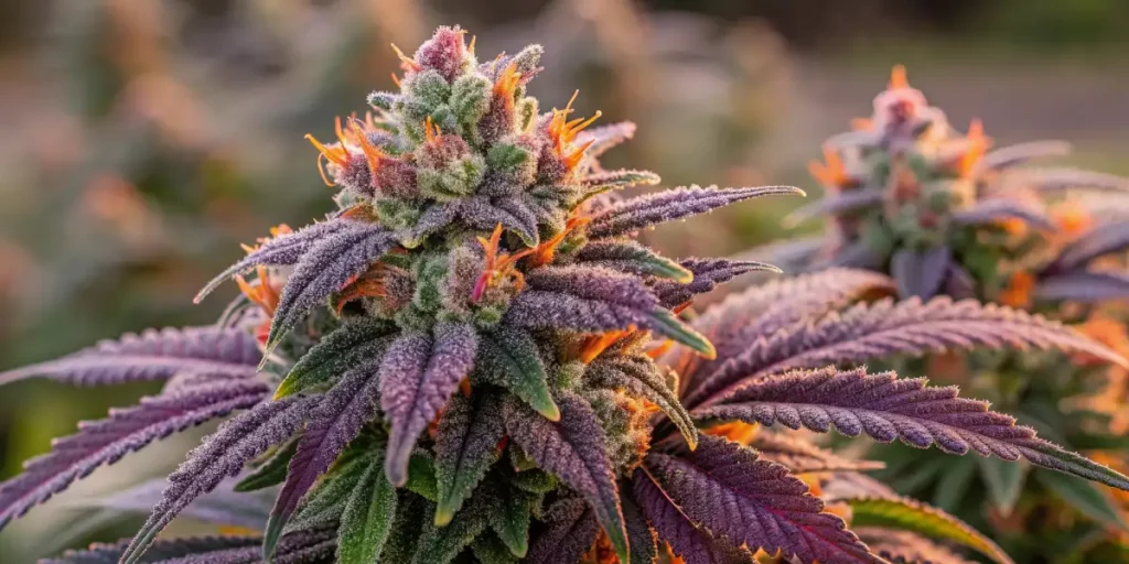 Purple cannabis flower with orange pistils, frosty trichomes, and green leaves glowing under sunlight.