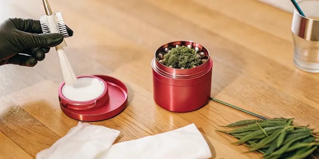 Gloved hand cleaning a red cannabis grinder with a brush, next to ground cannabis.