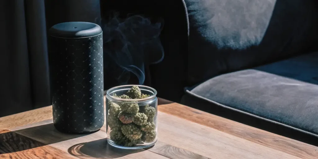 Hyper-realistic scene: black smart speaker next to a glass jar of cannabis buds with smoke, on a wooden table, near a sofa.