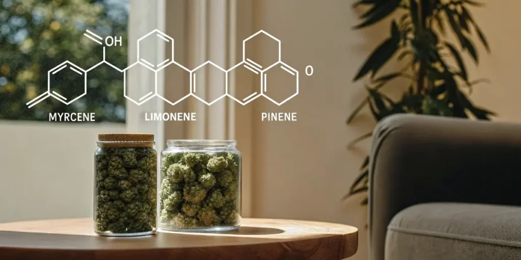 Hyper-realistic scene: two glass jars of cannabis buds under chemical structures of Myrcene, Limonene, and Pinene, on a wooden table in a sunlit room.