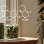 Hyper-realistic scene: two glass jars of cannabis buds under chemical structures of Myrcene, Limonene, and Pinene, on a wooden table in a sunlit room.