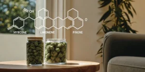 Hyper-realistic scene: two glass jars of cannabis buds under chemical structures of Myrcene, Limonene, and Pinene, on a wooden table in a sunlit room.