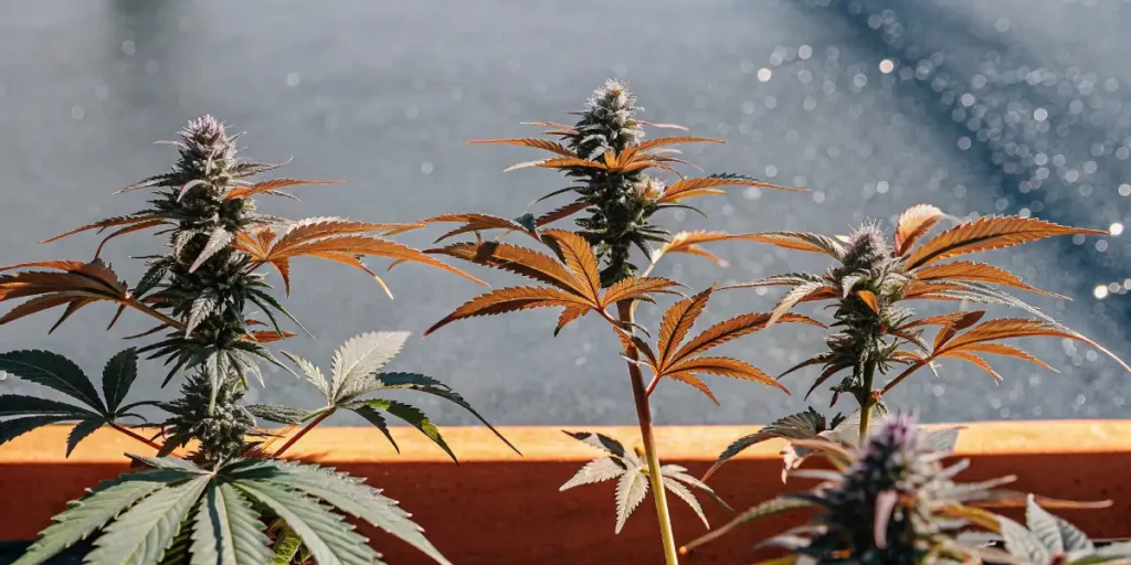 Vibrant cannabis buds with purple hues and orange pistils growing under clear skies