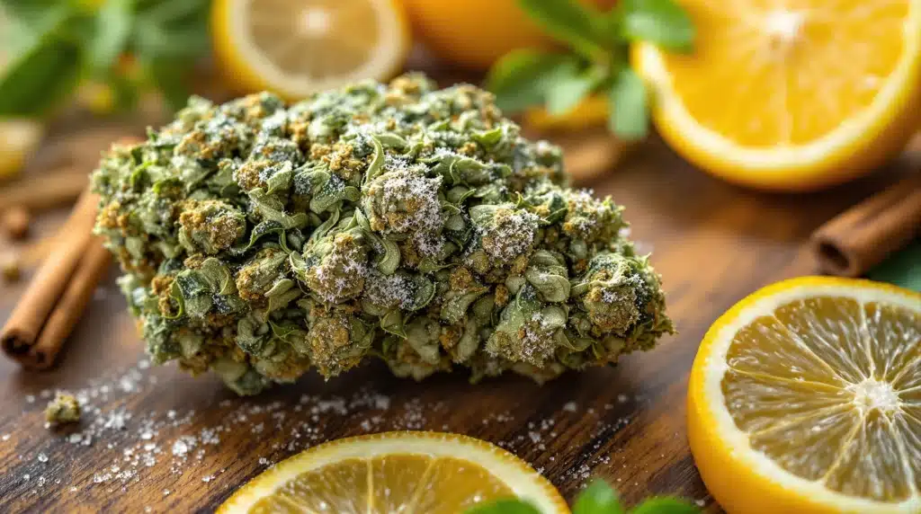 Close-up of frosty cannabis bud with fresh lemon slices and cinnamon sticks on a wooden surface