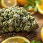 Close-up of frosty cannabis bud with fresh lemon slices and cinnamon sticks on a wooden surface