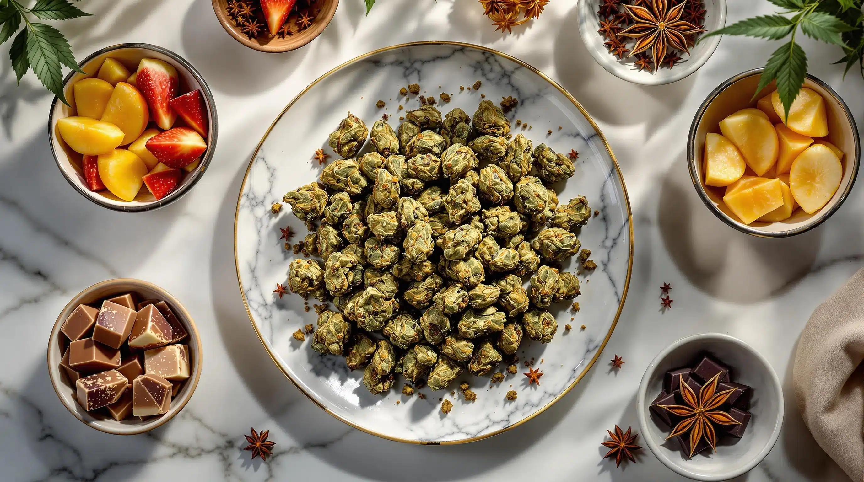 Platter with cannabis buds surrounded by strawberries, peaches, and chocolate cubes.