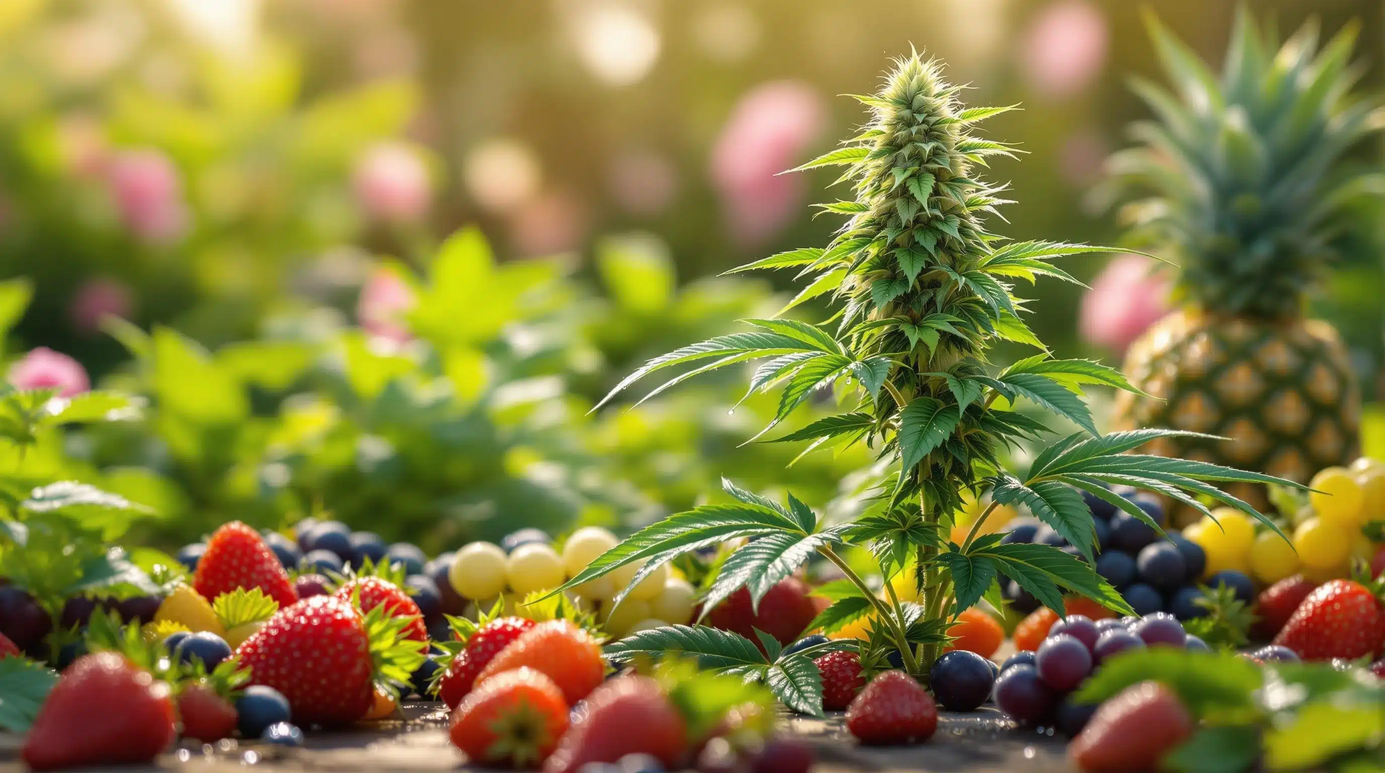 Cannabis plant in a vibrant garden surrounded by strawberries, grapes, and a pineapple