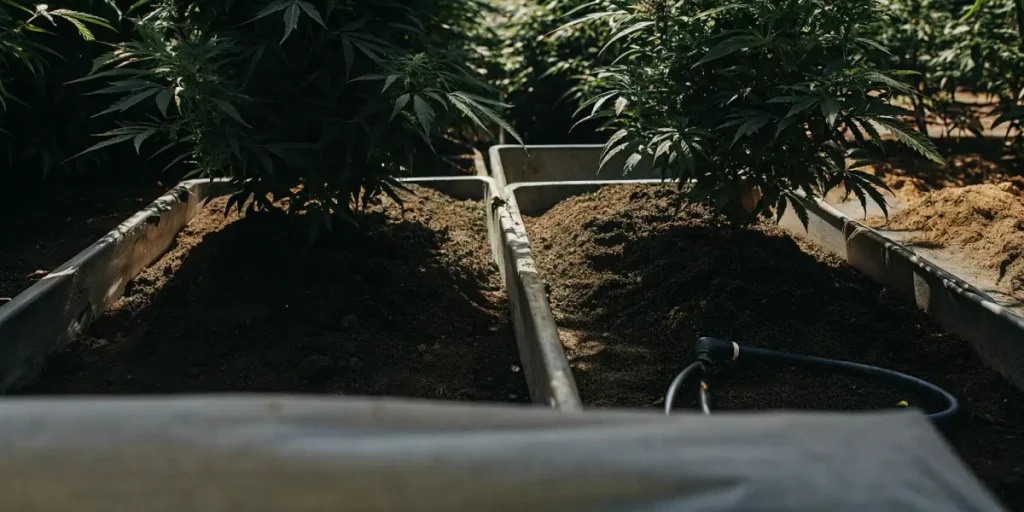 Cannabis plants growing in raised beds with drip irrigation system in outdoor garden.