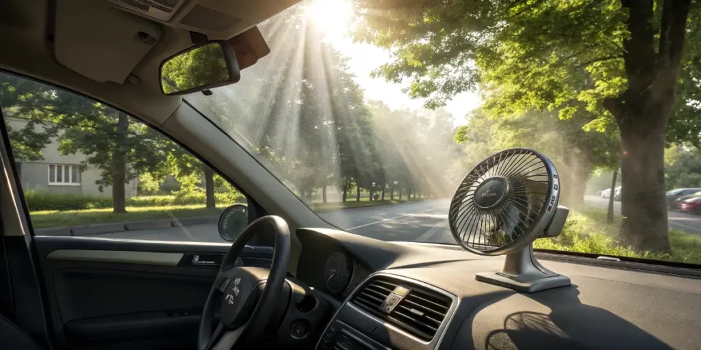 Car dashboard fan cooling the interior with bright sunlight entering through windshield