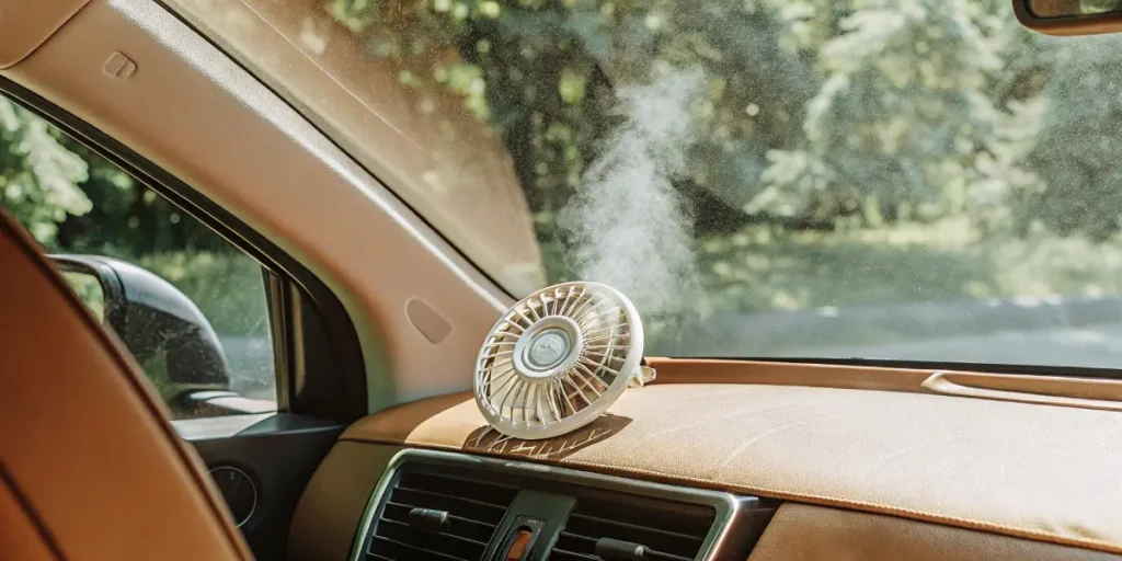Small car dashboard fan with dehumidifying mist inside vehicle interior