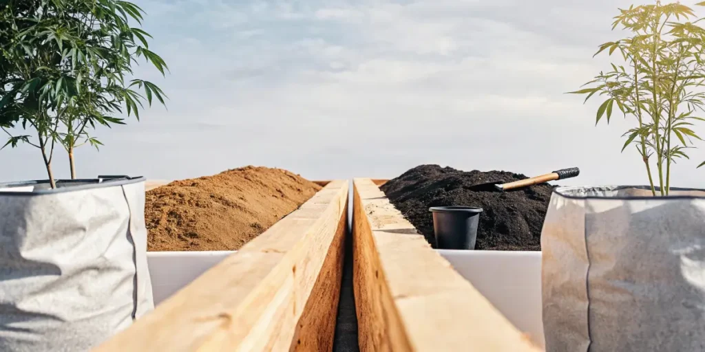 Raised garden beds filled with cannabis plants, soil, and gardening tools under sunlight.