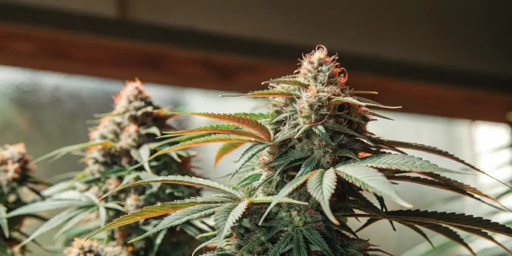 Close-up of cannabis buds growing indoors with vibrant green leaves and frosty trichomes.