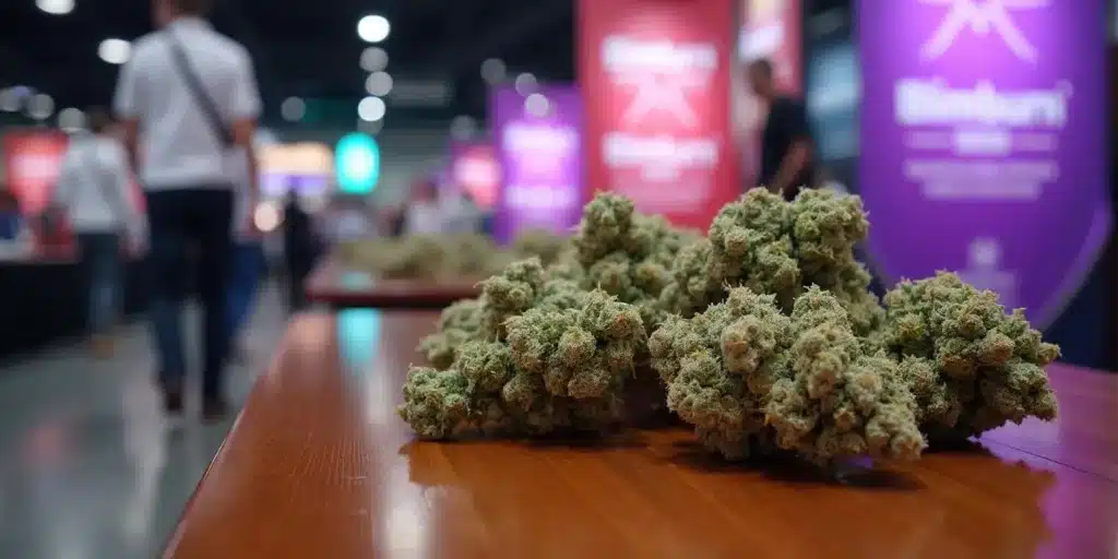 Cannabis buds on display at MJBizCon, with blurred attendees and colorful banners in the background.