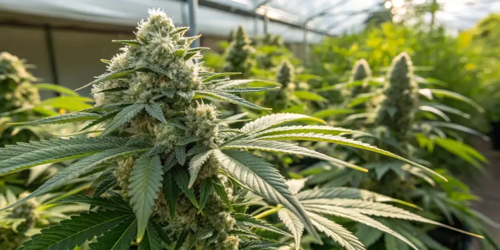 Skywalker cannabis plant with thick buds and abundant leaves, grown in a greenhouse.