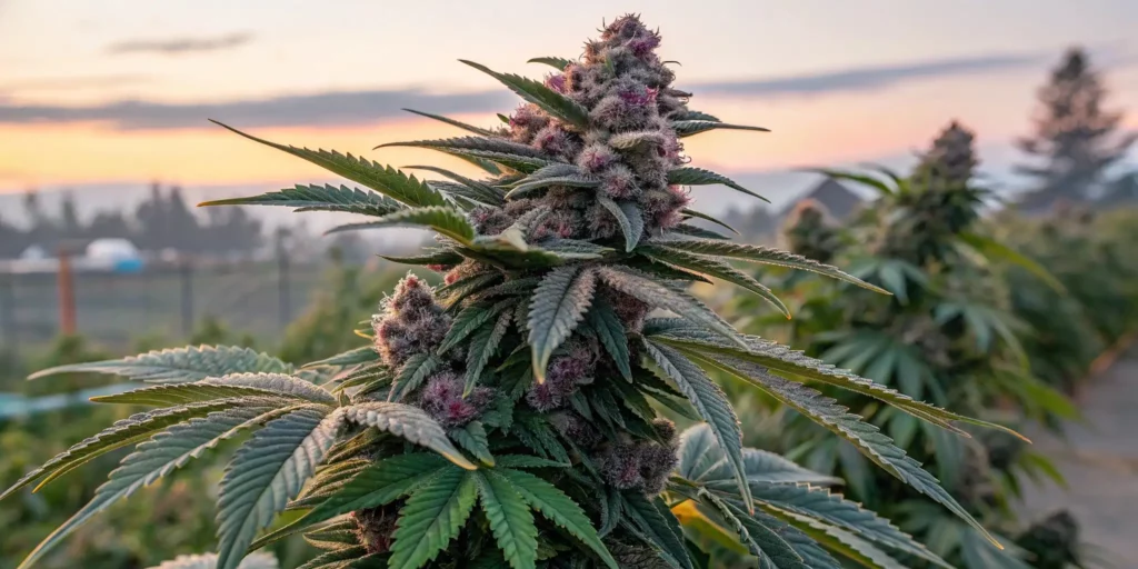 Cannabis plant with frosty buds and red-tinted leaves during sunset.