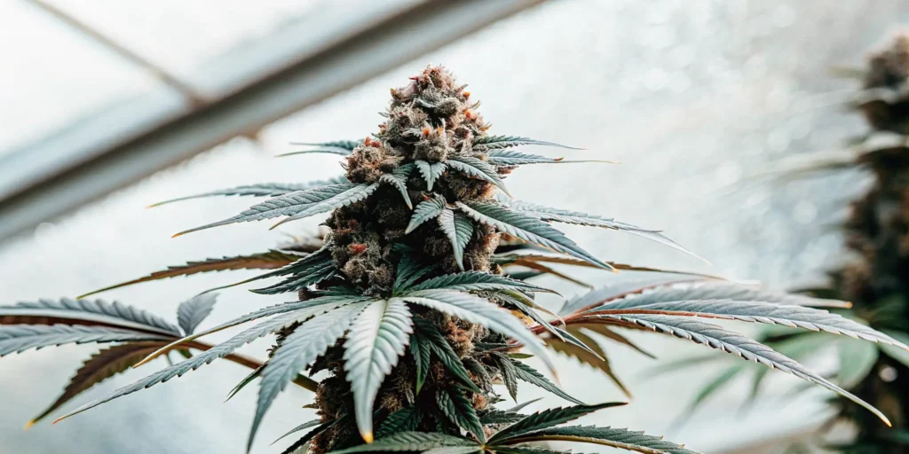Healthy cannabis plant in a greenhouse with green leaves and a thick, frosty bud.