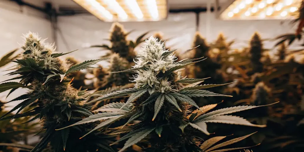 Cannabis plant blooming in a greenhouse, surrounded by green leaves and lit by soft overhead lights.