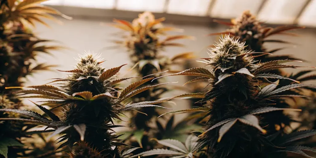 Cannabis plants with frosty buds growing in a well-lit indoor grow room.