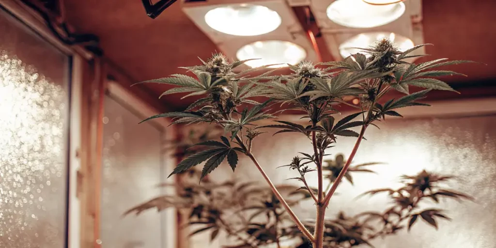 Cannabis plant with budding flowers growing under artificial grow lights in an indoor environment.