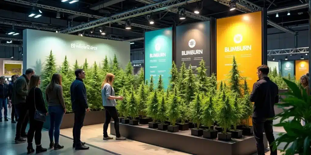 Crowd exploring cannabis plant displays at Blimburn’s booth during Cannafest 2023.