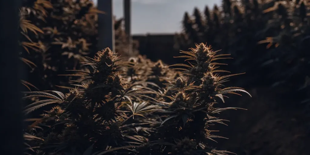 Hyper-realistic scene of cannabis plants with dense buds under dim, natural light, creating deep shadows.