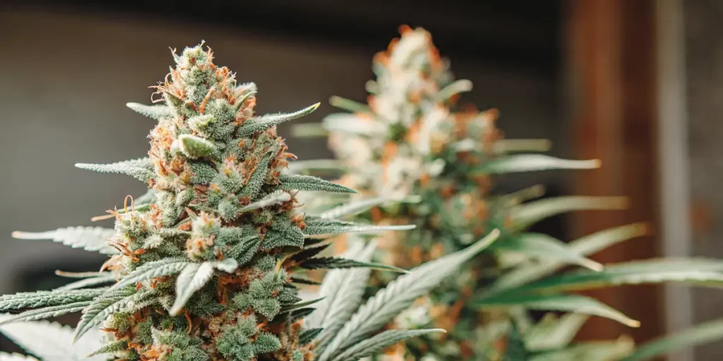Frosted cannabis buds with orange hairs growing in a professional indoor grow room.