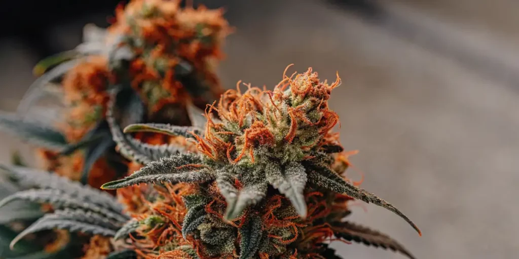 Close-up of Gary Payton cannabis buds in natural light, showing dense buds with frosty trichomes and orange pistils.