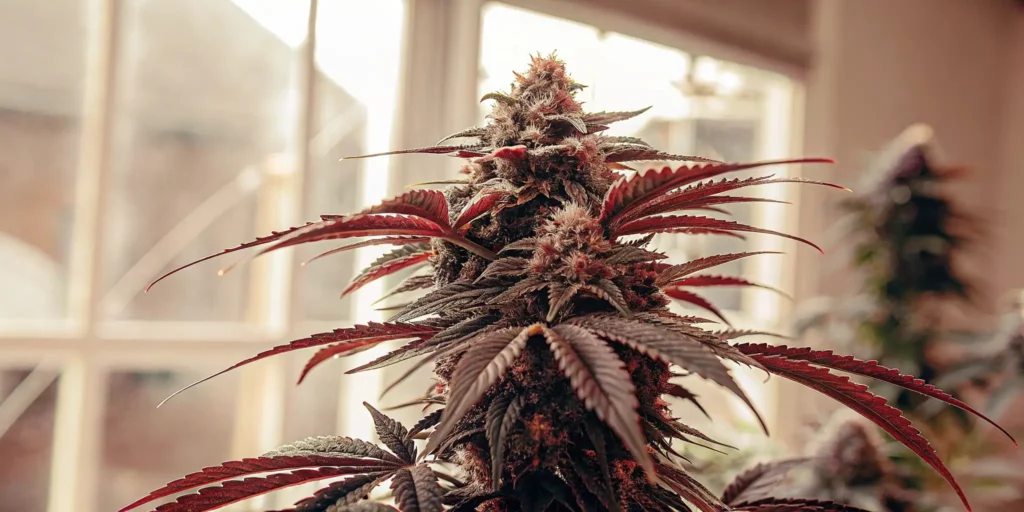 Cannabis plant with dark leaves and frosty buds grown indoors with natural light.